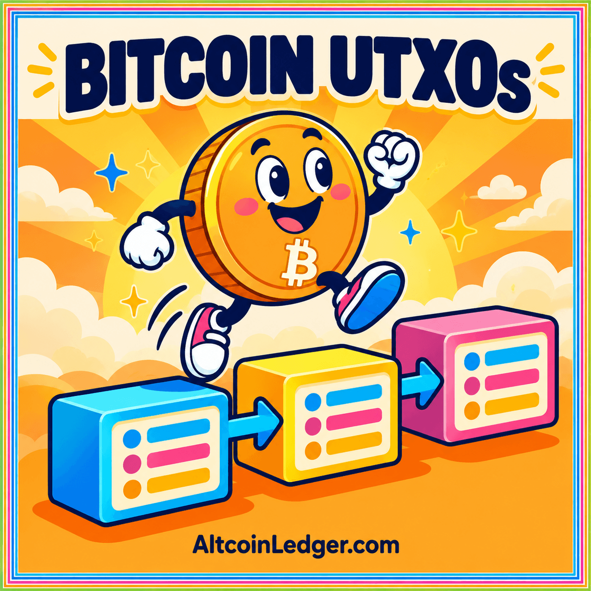 An orange Bitcoin coin beside connected transaction blocks on a dark background.