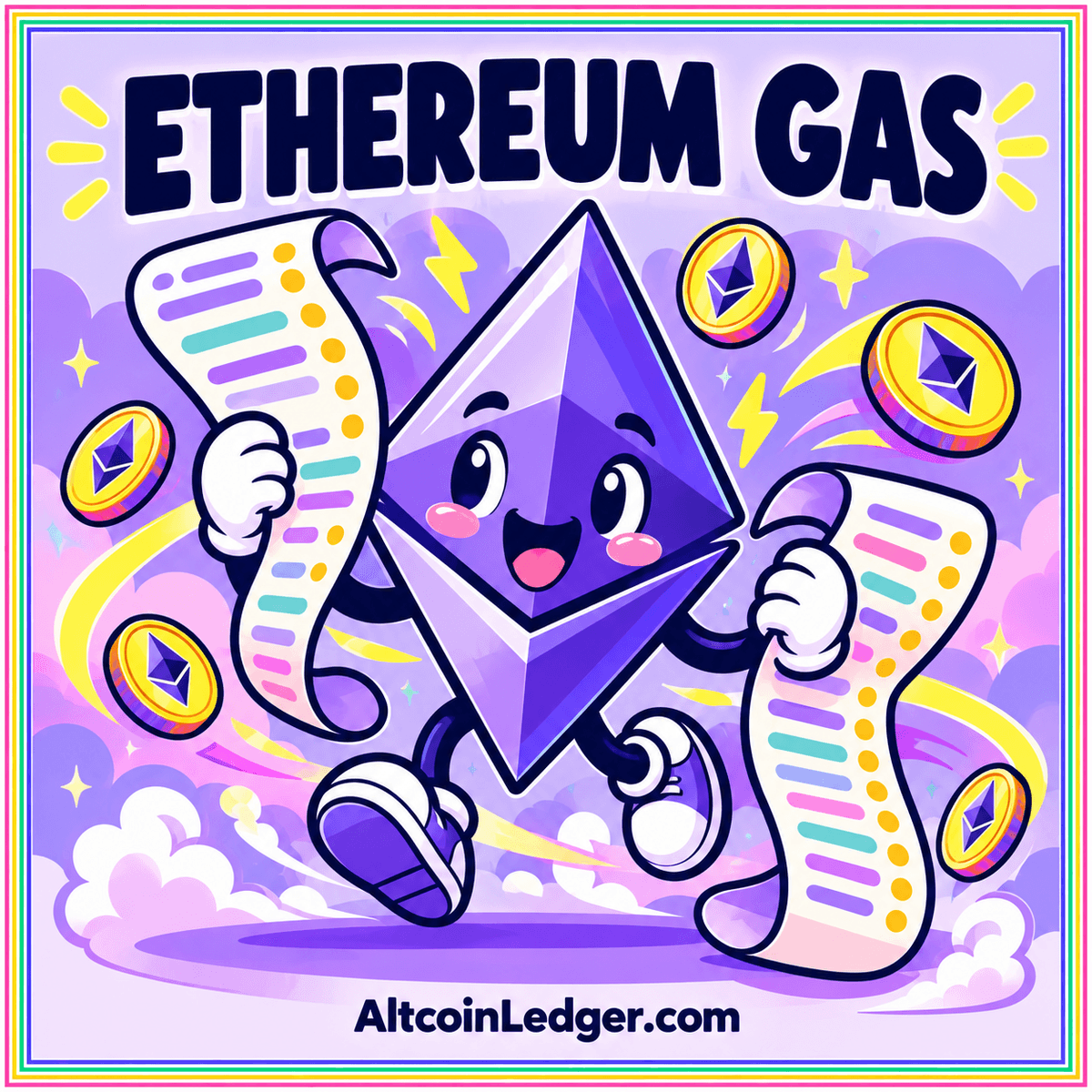 An Ethereum diamond surrounded by violet transaction paths and ledger blocks.