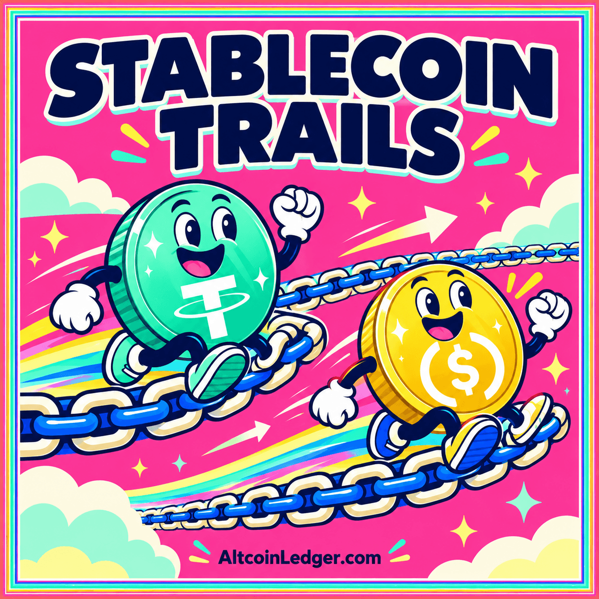 Two network circles joined by a token transfer path beside a fee and balance ledger.