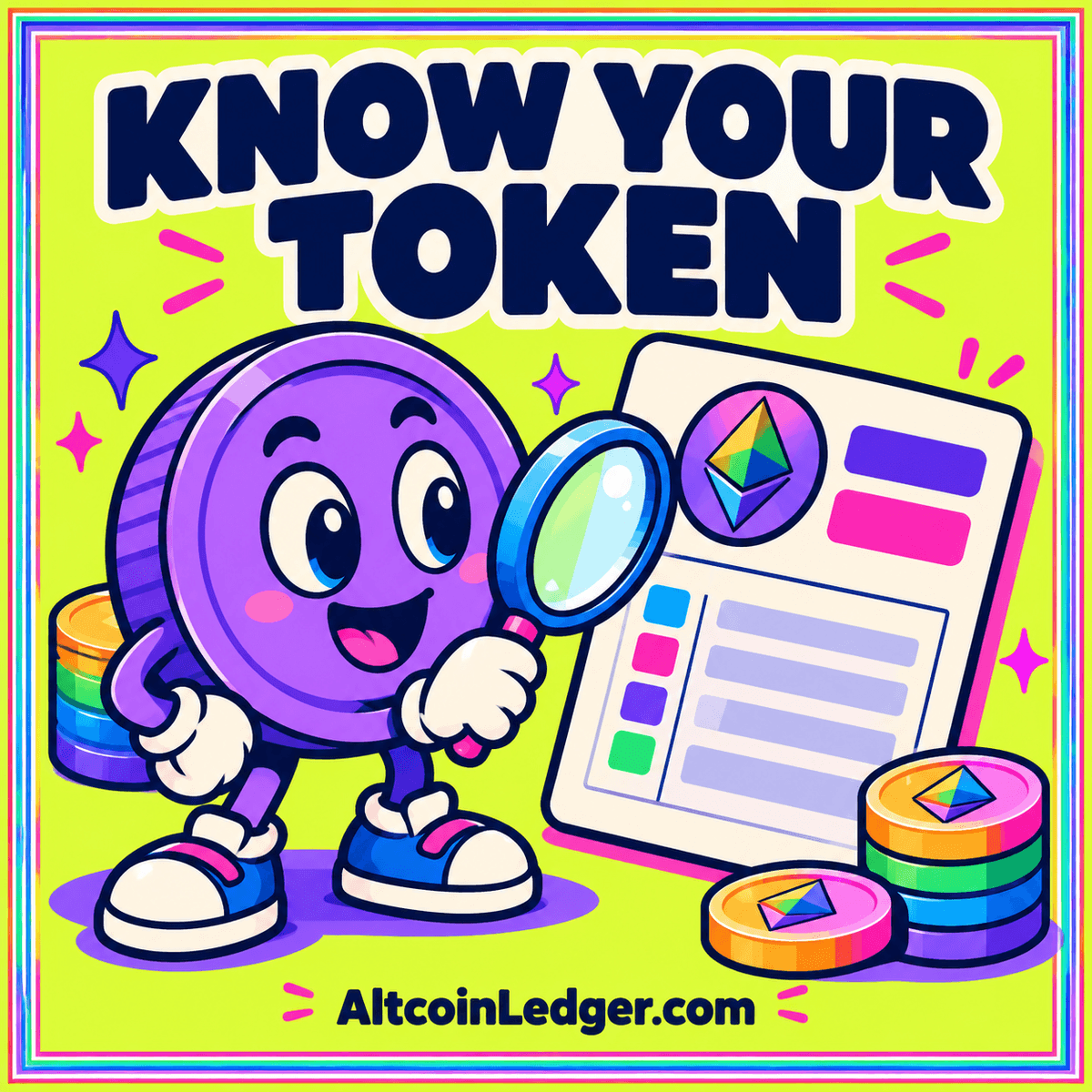 A token contract card with address lines, decimal marks, and a linked ownership ledger.